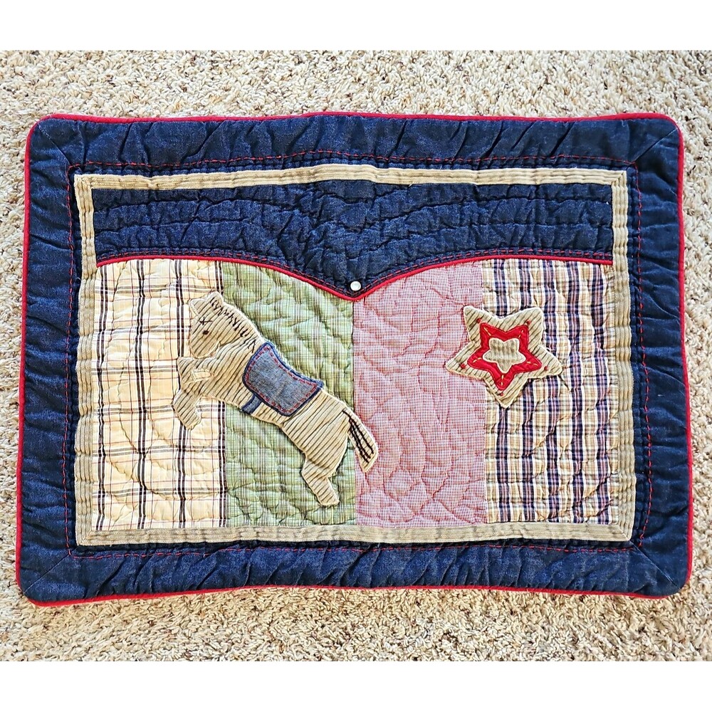 Pottery Barn Kids Quilted Denim Plaid Patchwork Pillow Sham Western Cowboy Horse